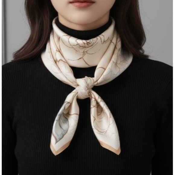 ⭐Elegant Bandana Square Scarf FLORAL Silky Satin Soft Beige Brown Neutral hijab - Picture 1 of 9